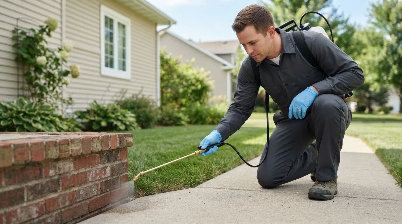 Pest control technician treating a home near Barnstead, NH